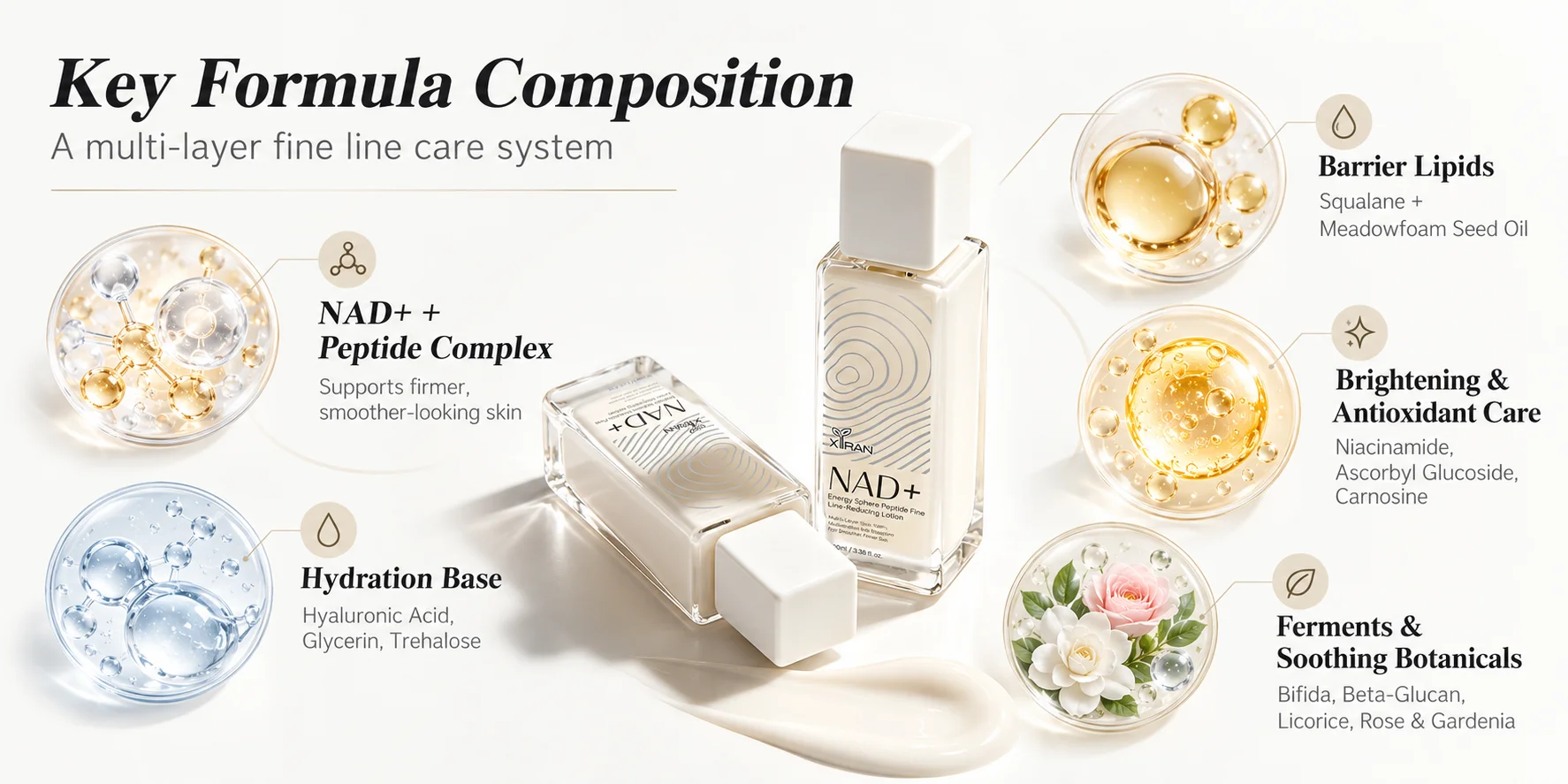 A skincare product breakdown showing NAD+ and peptide complex, hydration base, barrier lipids, brightening antioxidants, and soothing botanicals with product bottles.